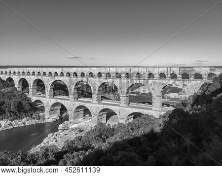 Old Roman Aqueduct Pont Du Gart In Afternoon Light
