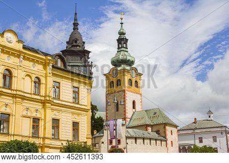Banska Bystrica, Slovakia - August 17, 2021: View Of Snp Square - Colorful Historic Buildings, Mests