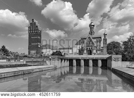 Mathildenhoehe With Russian Chapel And Wedding Tower In Darmstadt Under Blue Sky