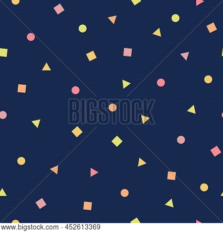 Seamless Pattern With Geometric Shapes On Blue Background. Triangle, Sircle, Square. Vector Backgrou