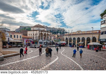 Athens, Greece - March 13 2020: View Of Monastiraki Square, With The Tzistarakis Mosque On The Left,