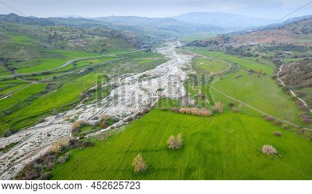 Diarizos River And Green Fields In Springtime. Cyprus Drone Landscape