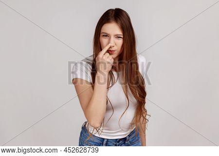 Thats Lie, You Cheat. Disgruntled Woman Looking Angrily At Camera And Showing Lie Gesture, Touching 