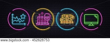 Cyber Attack, Ranking Stars And Copywriting Notebook Minimal Line Icons. Neon Laser 3d Lights. Compu