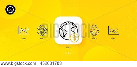 Global Business, Diagram Chart And Hot Loan Minimal Line Icons. Yellow Abstract Background. Stock An