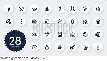 Set Of Food And Drink Icons, Such As Cooking Hat, Water Glass And Latte Coffee Flat Icons. Ice Cream