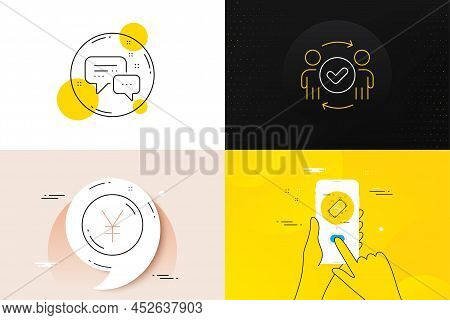 Minimal Set Of Payment, Yen Money And Approved Teamwork Line Icons. Phone Screen, Quote Banners. Emp