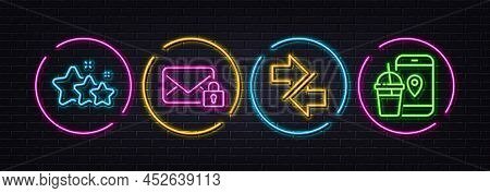Synchronize, Secure Mail And Stars Minimal Line Icons. Neon Laser 3d Lights. Food App Icons. For Web