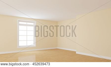 Empty Interior Corner With Beige Walls, White Window, Light Glossy Parquet, White Plinth. Unfurnishe