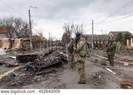 Bucha, Ukraine - Apr. 06, 2022: War In Ukraine. Destroyed Military Equipment Of Russian Invaders On 
