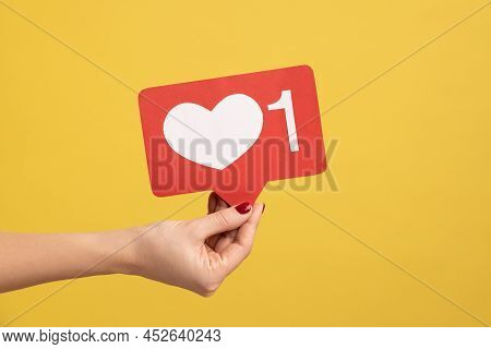 Support Interesting Web Content, Push Heart Button. Closeup Of Woman Hand Holding Social Media Like 