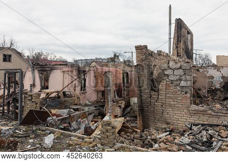 Bucha, Ukraine - Apr. 06, 2022: War In Ukraine. Chaos And Devastation On The Streets Of Bucha As A R