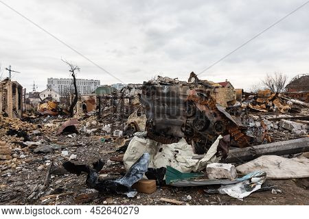 Bucha, Ukraine - Apr. 06, 2022: War In Ukraine. Chaos And Devastation On The Streets Of Bucha As A R