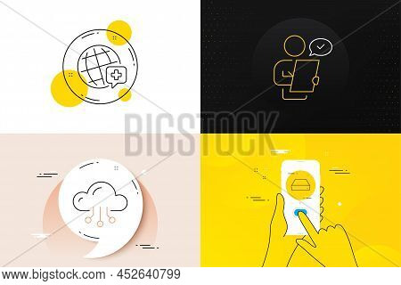 Minimal Set Of World Medicine, Mini Pc And Customer Survey Line Icons. Phone Screen, Quote Banners. 