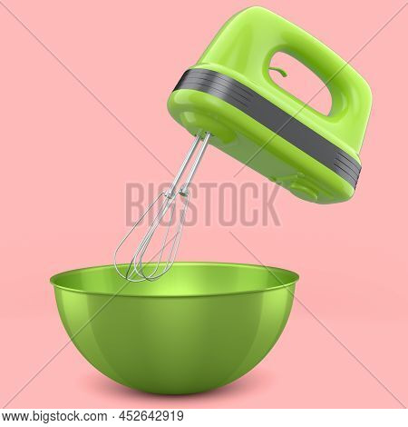 Metal Bowl With Electric Mixer Kitchen Appliance For Blending On Pink Table