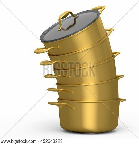 Set Of Stainless Steel Stewpot And Chrome Plated Cookware On White Background