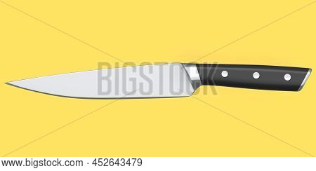 Chef's Kitchen Knife With A Wooden Handle Isolated On Yellow Background.