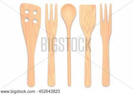 Wooden Kitchen Utensils, Tools And Equipment On White Background.
