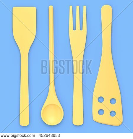 Wooden Kitchen Utensils, Tools And Equipment On Blue Background.