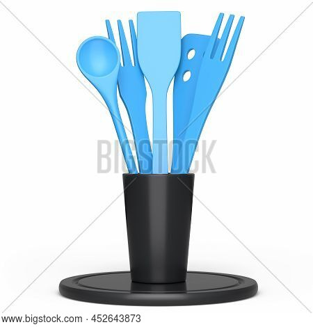 Wooden Kitchen Utensils, Tools And Equipment In Holder On White Background.