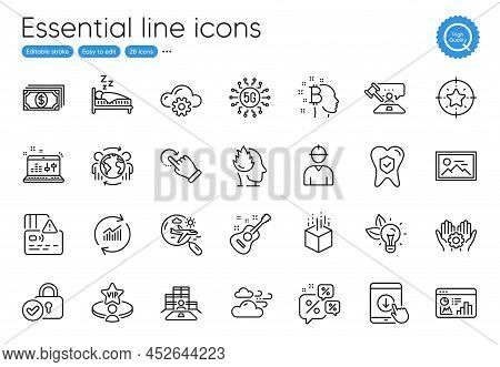 Employee Hand, Engineer And Inventory Line Icons. Collection Of Photo, Windy Weather, Card Icons. Ve