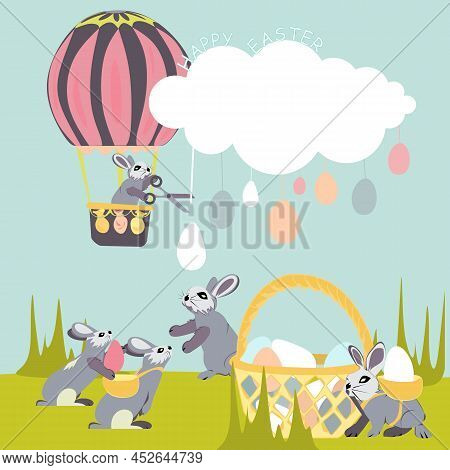 The Easter Bunny Flies On Air Balloon Through The Sky Among The Clouds And Cuts Off Easter Eggs With