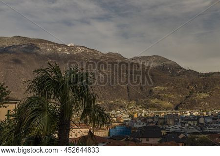 Bellinzona City From High Hill Over In Spring Color Fresh Morning