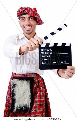 Scotsman mit Film Board auf weiß