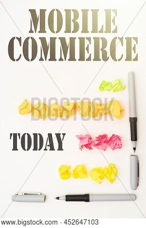 Handwriting Text Mobile Commerce. Word For Using Mobile Phone To Conduct Commercial Transactions Onl