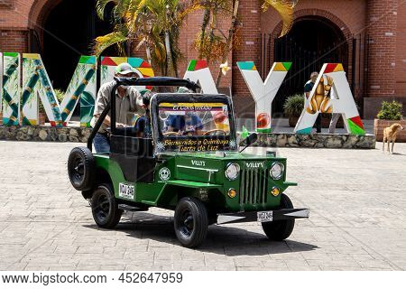 Quimbaya, Colombia - July 2021. Willys Jeep Model At Bolivar Square In The Small Town Of Quimbaya Lo