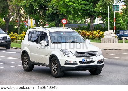 Havana, Cuba - June 6, 2017: White Suv Car Ssangyong Rexton In A City Street.