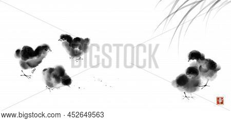 Little Fluffy Chicks In Grass. Traditional Oriental Ink Painting Sumi-e, U-sin, Go-hua. Hieroglyph -