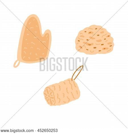 Eco Friendly Bathroom Accessories In Cartoon Flat Style. Zero Waste Glove Sponge For Body, Sea Spong