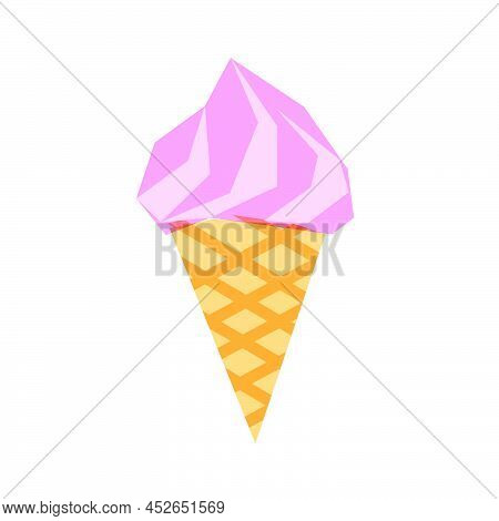 Soft Served Ice Cream Cone With Bright Pink Filling, Overprint Stylistic. Golden Waffle With Fruity 
