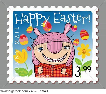 Easter Bunny Mail Post Stamp With Smiling Bunny Man