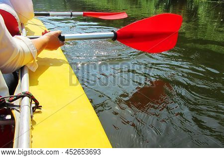 Three Paddles Are Displayed In A Row In The Hands Of The People Floating In The Kayak. The Paddles A