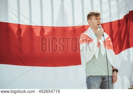 Lisbon, Portugal - March 19, 2022: A Belorussian Protest Action In Support Of Ukraine, Against Russi