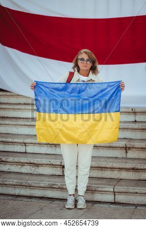 Lisbon, Portugal - March 19, 2022: A Belorussian Manifestation In Support Of Ukraine, Against Invasi