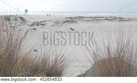 Sand Dunes Of Misty Coronado Beach, Ocean Waves In Fog, California Coast, Usa. Cloudy Overcast Weath
