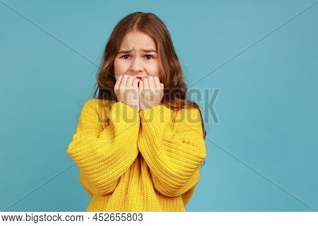 Little Girl Biting Nails With Scared Big Eyes, Feeling Worried, Anxious About Childish Mistake, Wear