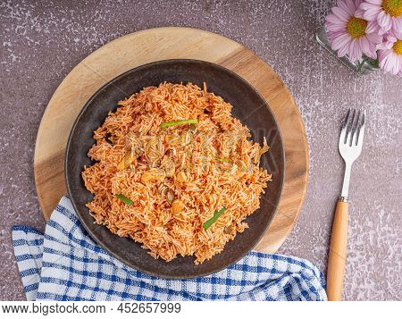 Sweet And Sour Crispy Noodles Or Mee Krob In The Thai Language On Banana Leaf On A Dish With Cloth P