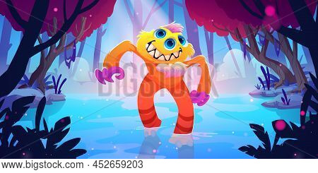 Cartoon Monster Character With Smiling Toothed Muzzle Three Eyes And Long Arms Stand At Water Pond I