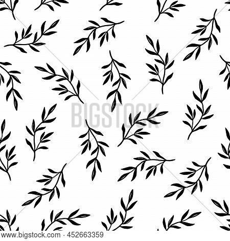 Black And White Leaf Seamless Pattern. Doodle Simple Froral Style. Leaf Background Vector Illustrati