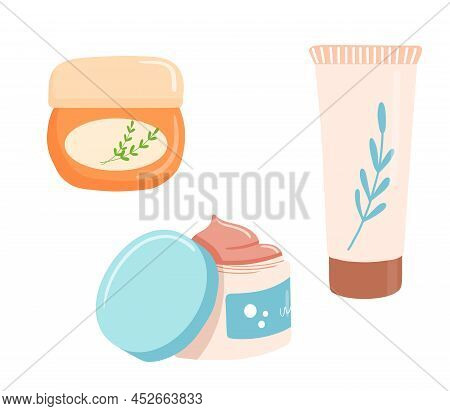 Skin Care Products Illustration, Body Lotion, Scrab And Cream, Liquid Soap. Flat Cosmetic Object In 