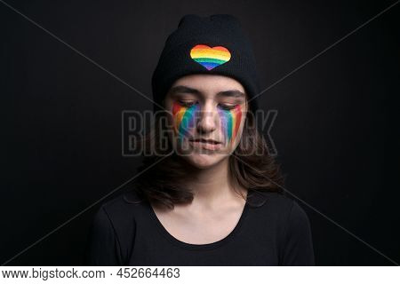 Crying Eyes With Rainbow Iris Flag On Colored Face Concept Sadness And Pain For Homosexual Discrimin