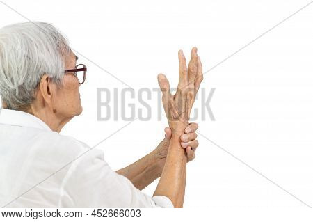 Asian Senior People Showing Hands Tremors,shaking Of Parkinson's Disease,old Elderly With Painful Or