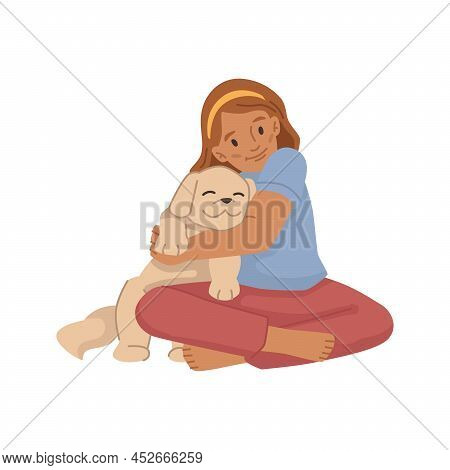 Small Kid Girl Playing With Doggo, Isolated Child With Cute Dog Animal. Vector Flat Cartoon Characte