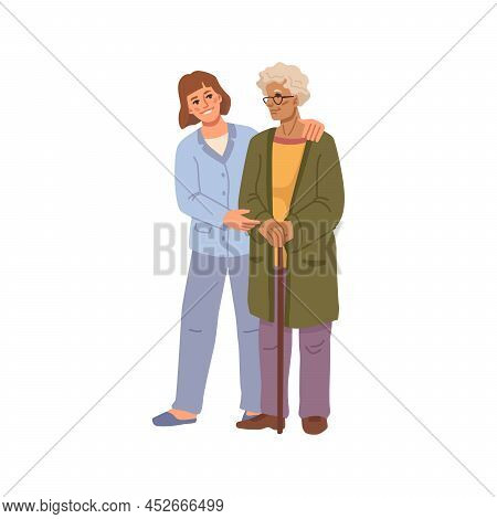 Care And Assistance For Senior People, Isolated Nurse Helping Elderly Woman With Walking Stick. Vect