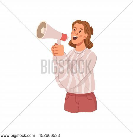 Female Personage Using Megaphone For News Or Offers Announcement. Vector Flat Cartoon Character With
