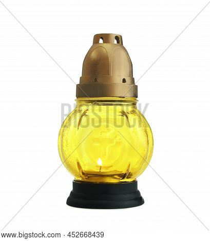 Yellow Grave Light With Burning Candle Isolated On White. Symbol Of Remembrance